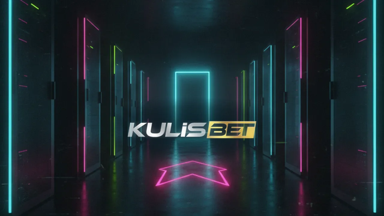 Karanlık panel koridorunun sonunda cyan ışıklı kapı ve zeminde magenta ok ışığı