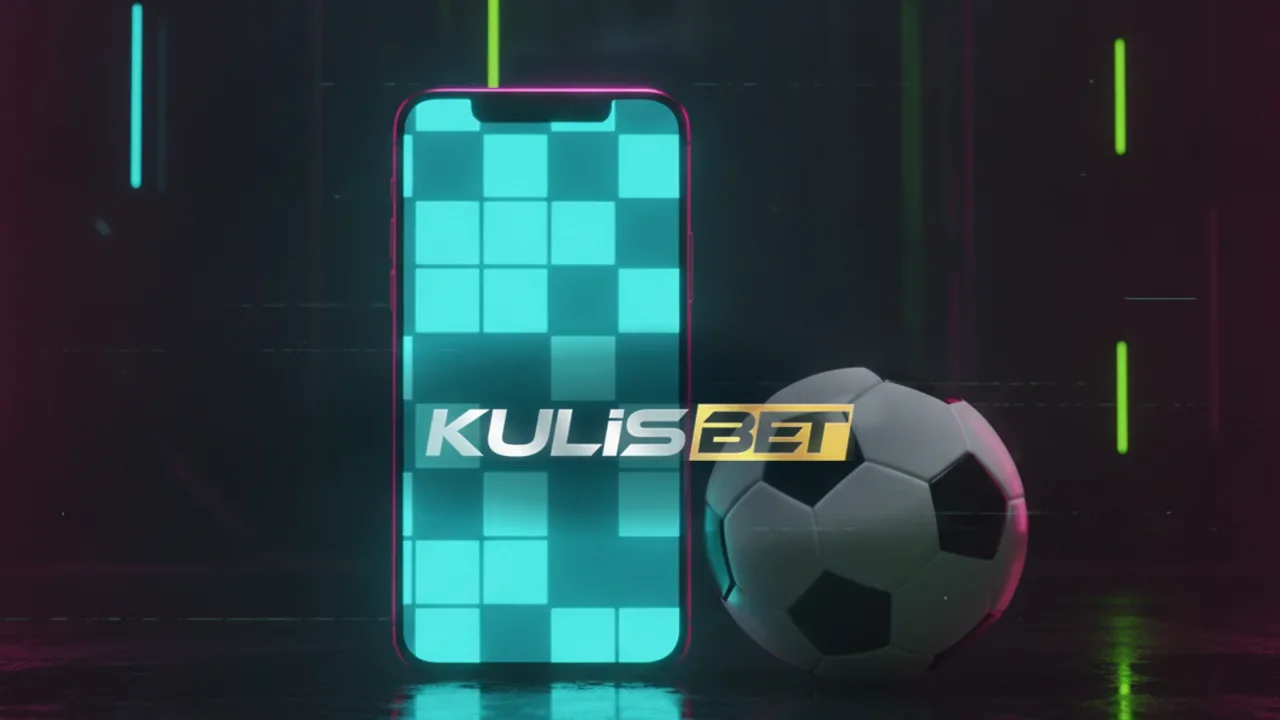 Karanlık yüzeyde ekranı cyan ışıyan siyah telefon ve yanında futbol topu, magenta kenar ışığı
