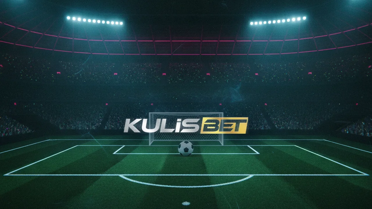 Tribünden gece maçı: cyan-magenta projektörler, yeşil saha, kale ve futbol topu